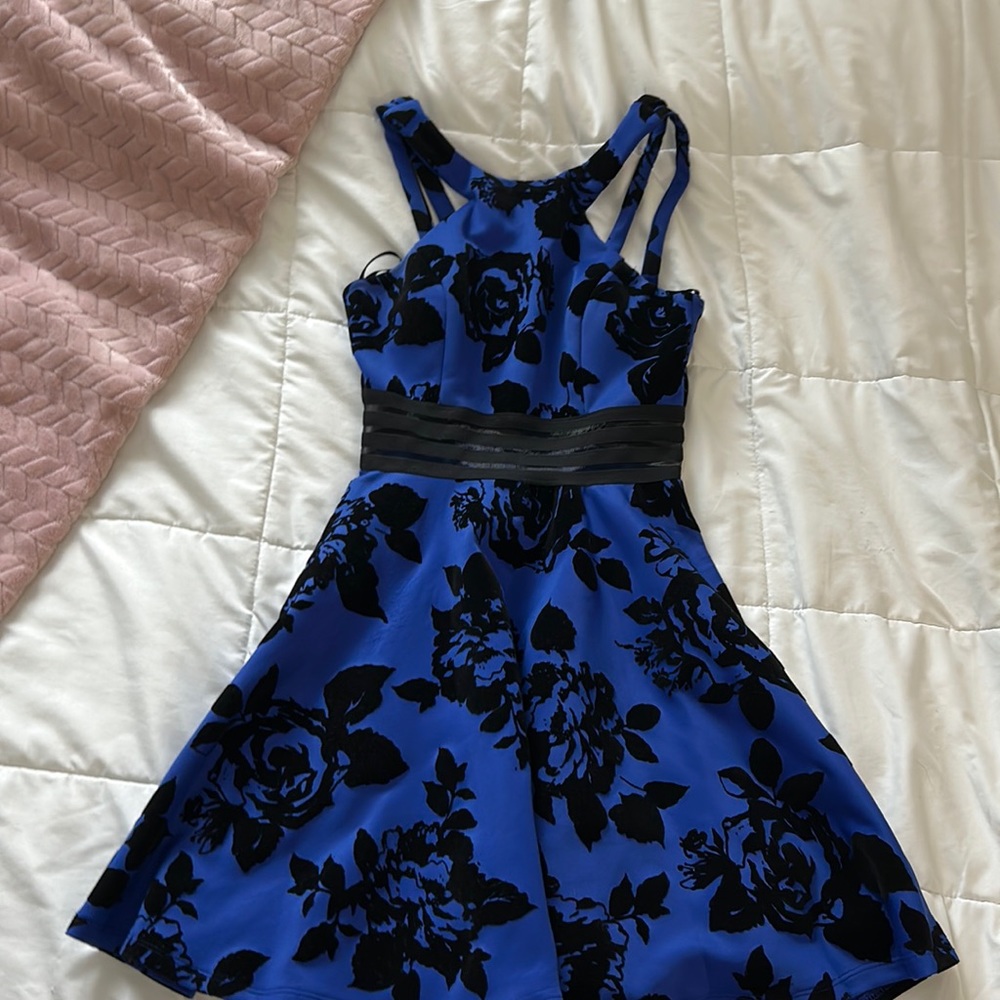 Formal Blue and Black Floral Mini Dress